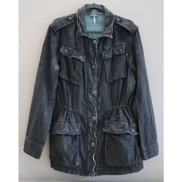 Free People OB610284 Women Sz M Charcoal Blue Double Cloth Military Jacket - Picture 1 of 13